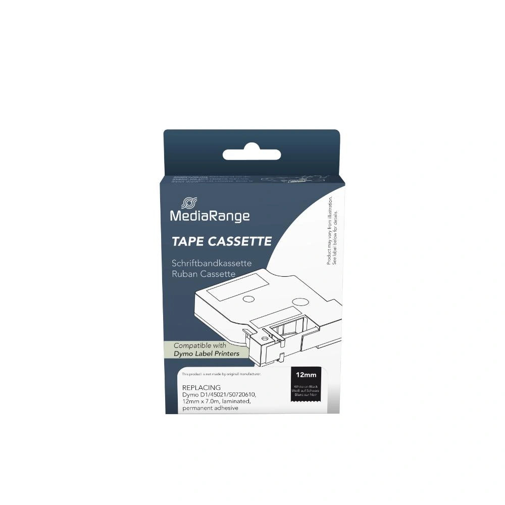 Ετικέτες Γενικής Χρήσης Mediarange (Dymo® D1/45021/S0720610) 12mm, 7m, Laminated and Permanent Adhesive, White on Black (MRDY45021)