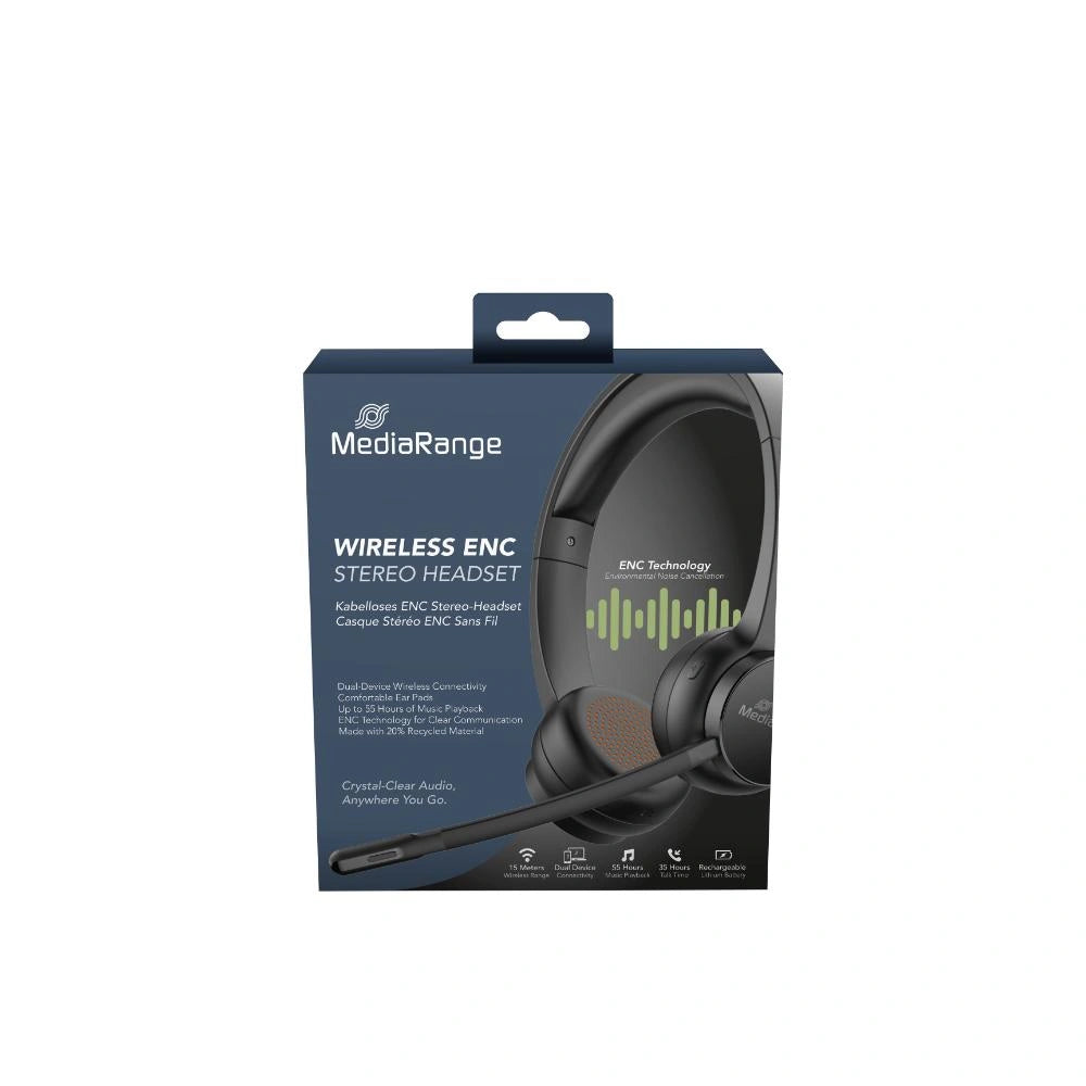 MediaRange Wireless Stereo headset with microphone & ENC, 400mAh battery, black (MROS307)