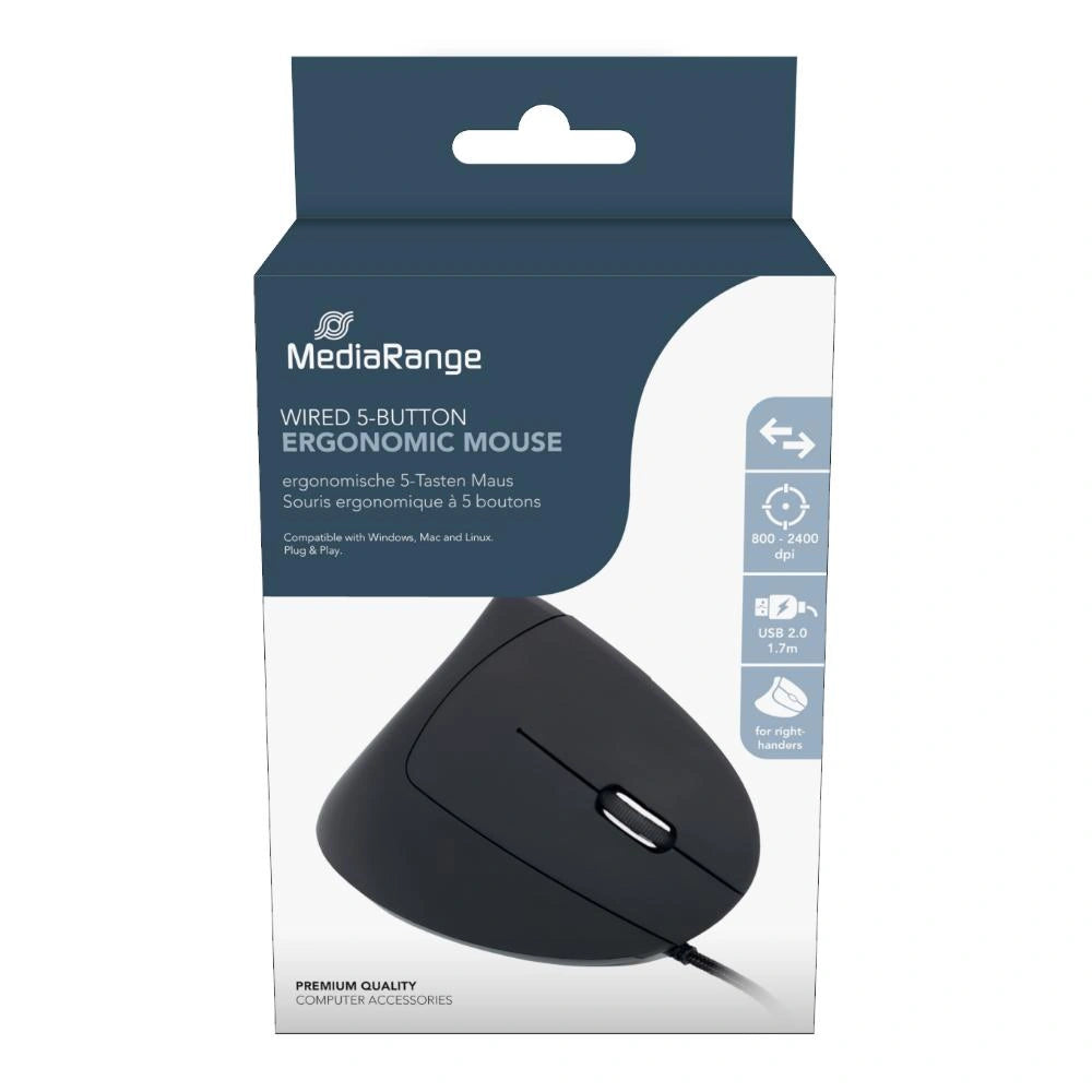 MediaRange Corded ergonomic 6-button optical mouse for right-handers (Black, Wired) (MROS230)