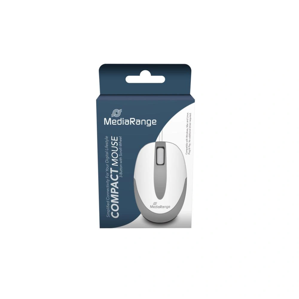 MediaRange Optical Mouse Corded 3-Button Compact-sized (White/Grey, Wired) (MROS214)