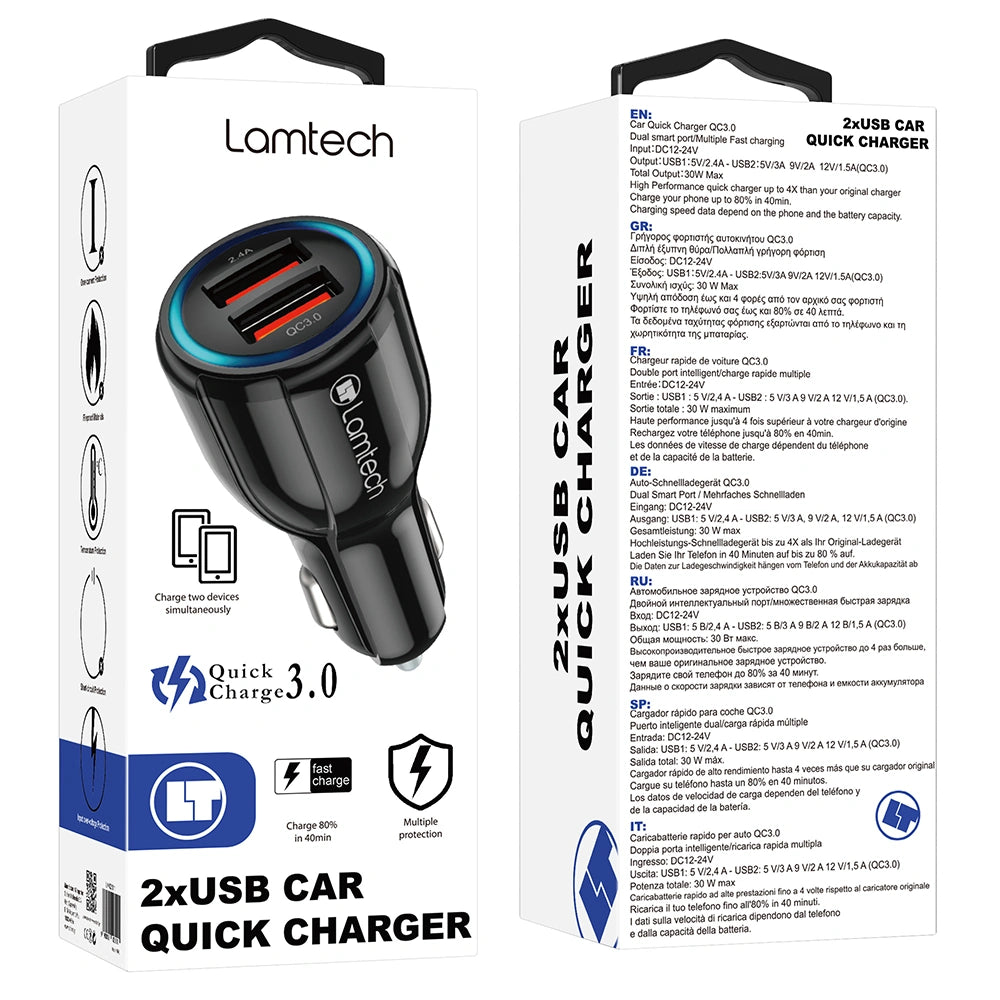 LAMTECH CAR QUICK CHARGER QC3.0 3.1A BLACK