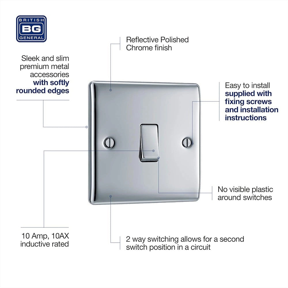 BG Electrical NPC12 Διακόπτης Μονός 2 Δρόμων Chrome