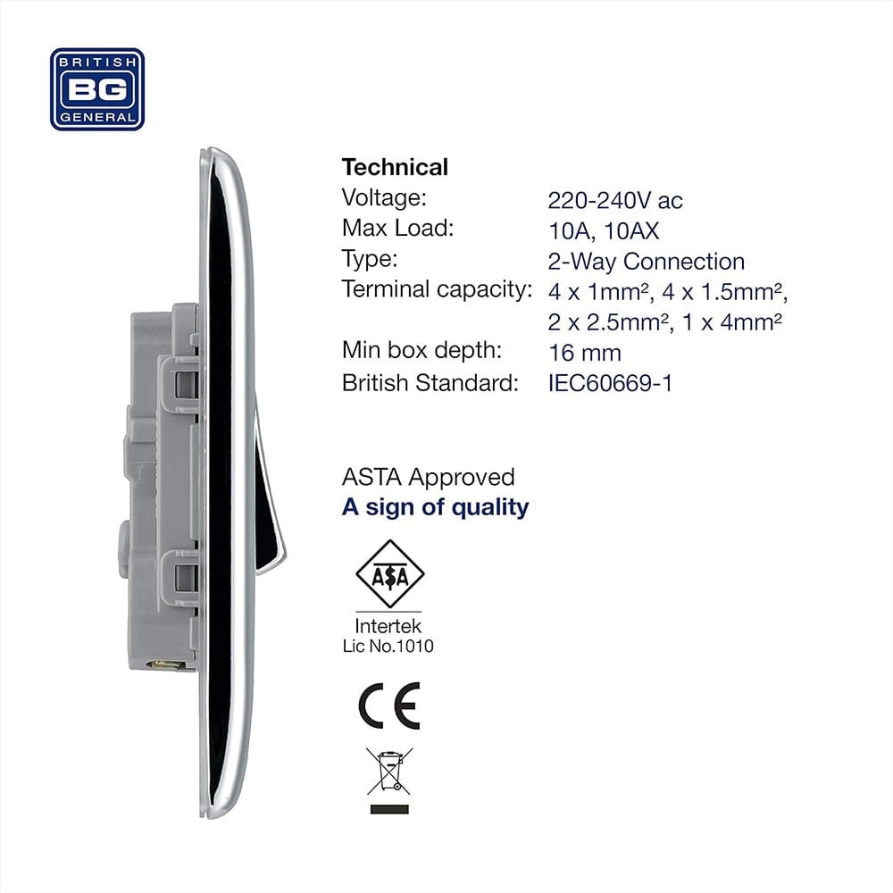 BG Electrical NPC12 Διακόπτης Μονός 2 Δρόμων Chrome