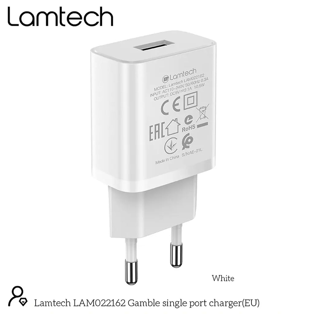 LAMTECH USB TRAVEL CHARGER 2,1A WHITE