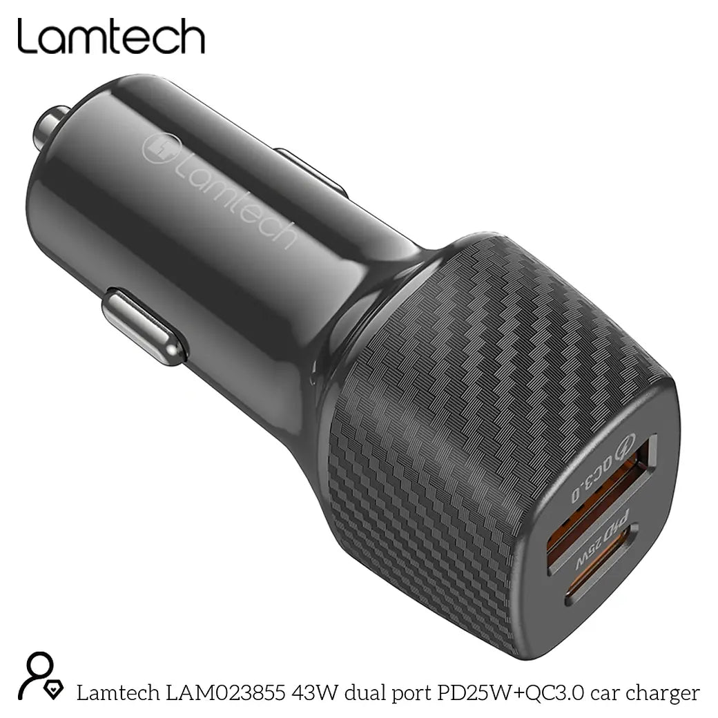 LAMTECH DUAL PORT CAR FAST CHARGER  TYPE-C PD 25W & USB 18W BLACK