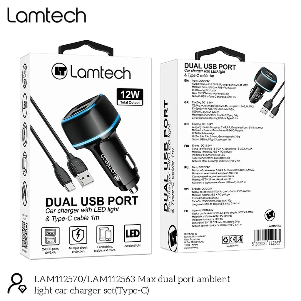 LAMTECH 2xUSB 2,4A CAR CHARGER WITH TYPE-C CABLE 1M BLACK