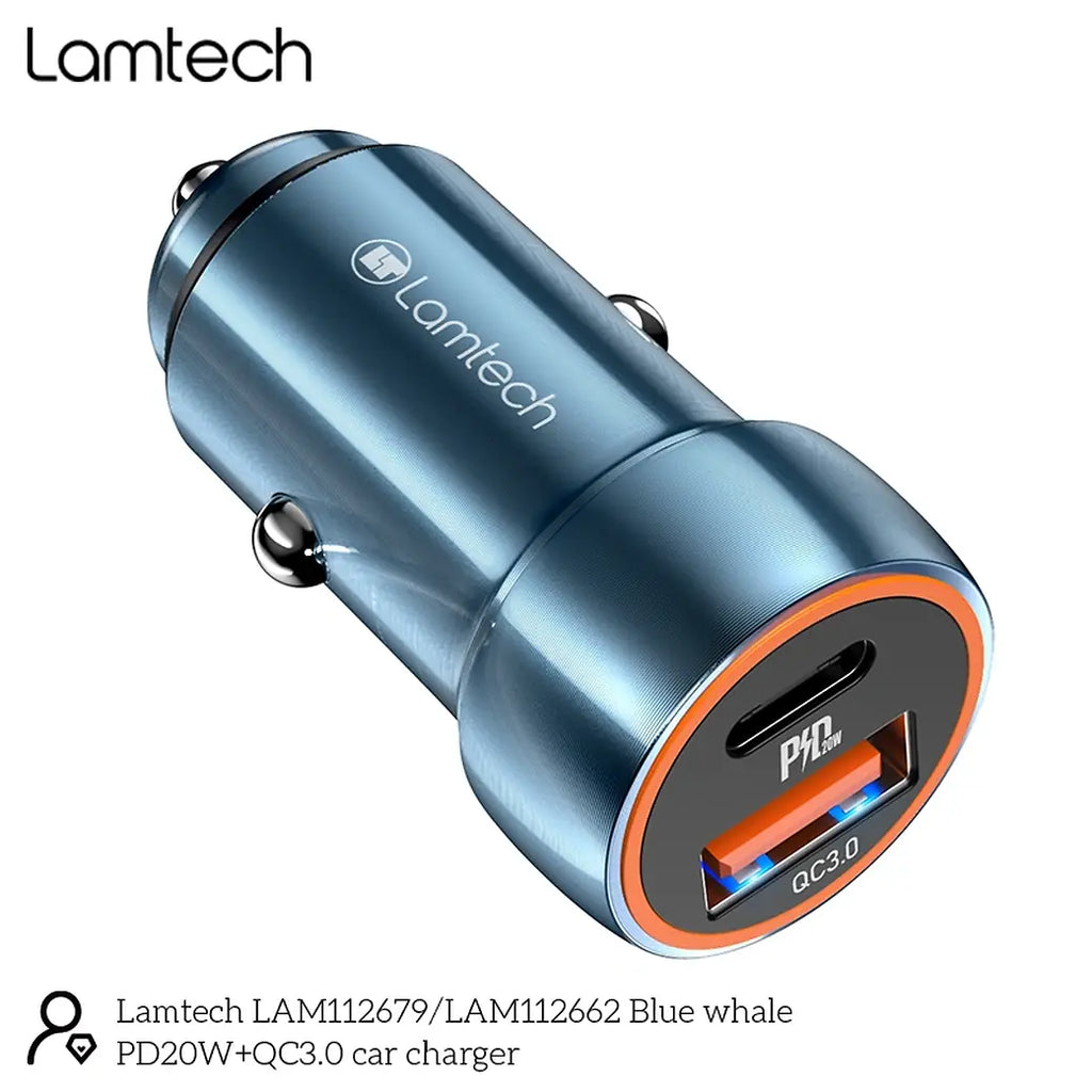 LAMTECH METAL CAR CHARGER QC3.0 & PD20W SAPHIRE BLUE