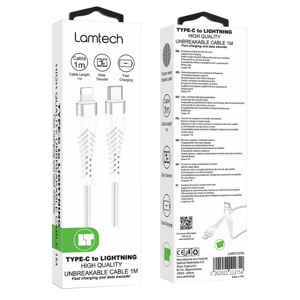 LAMTECH HQ UNBREAKABLE CABLE TYPE-C TO LIGHTNING WHITE 1M
