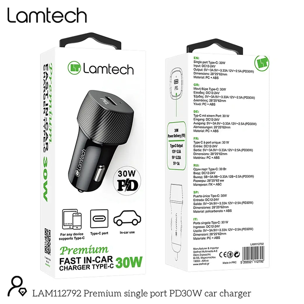 LAMTECH PREMIUM FAST IN-CAR CHARGER TYPE-C PD30W BLACK