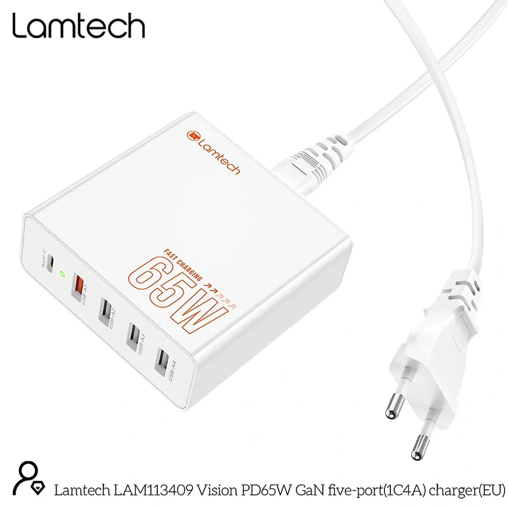 LAMTECH GAN FAST CHARGER 1xTYPE-C & 4xQC3.0 65W & EU CABLE 1.5M