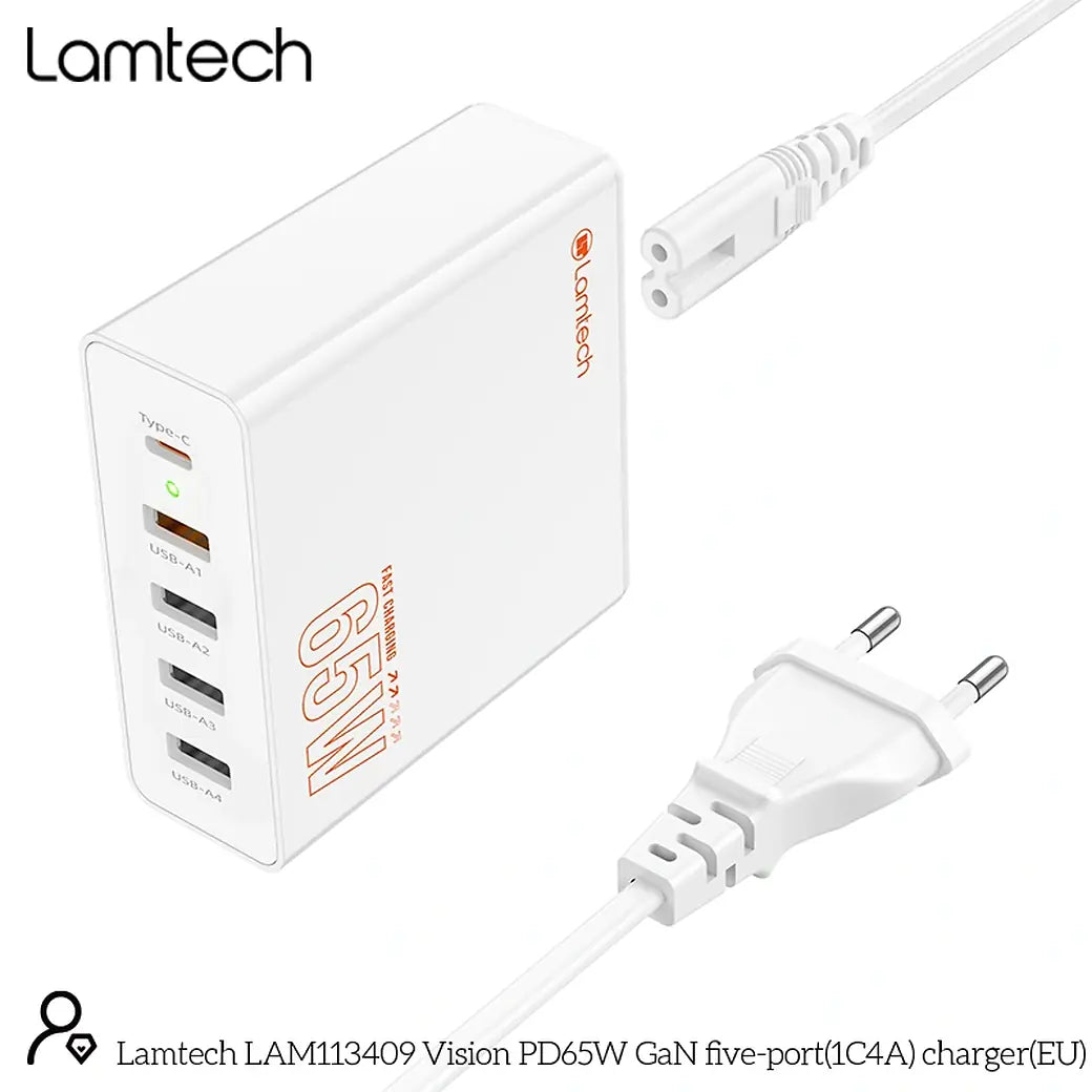 LAMTECH GAN FAST CHARGER 1xTYPE-C & 4xQC3.0 65W & EU CABLE 1.5M