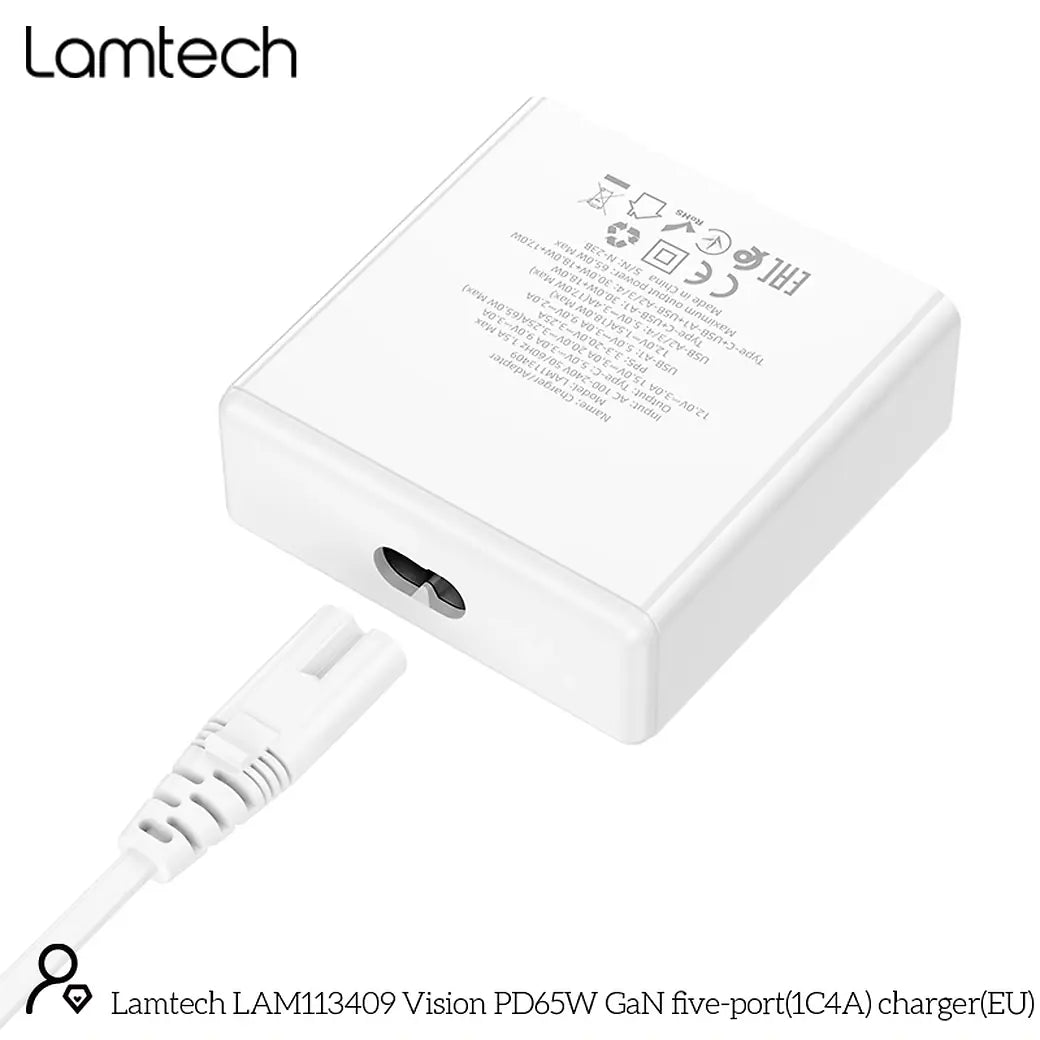 LAMTECH GAN FAST CHARGER 1xTYPE-C & 4xQC3.0 65W & EU CABLE 1.5M