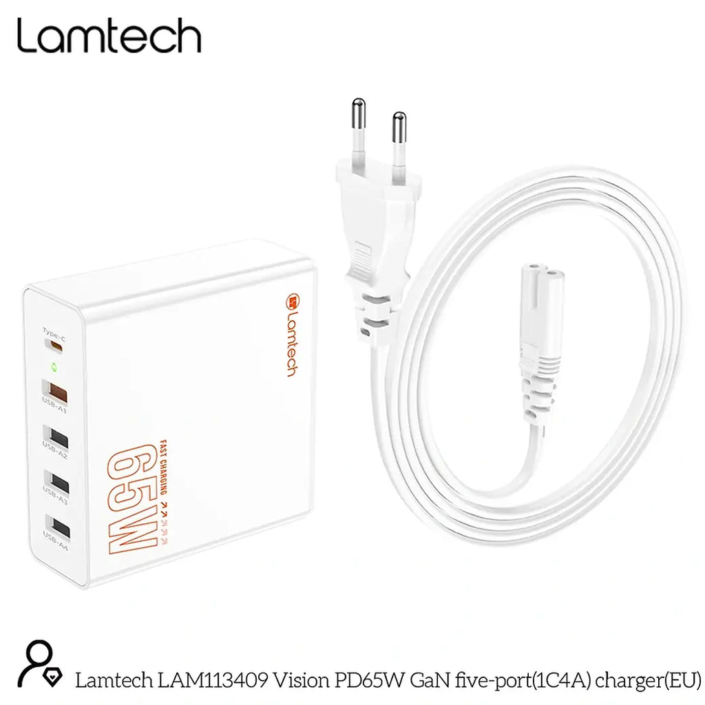 LAMTECH GAN FAST CHARGER 1xTYPE-C & 4xQC3.0 65W & EU CABLE 1.5M