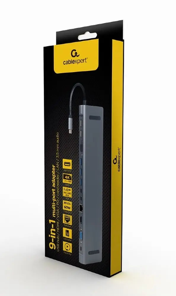 CABLEXPERT USB TYPE-C 9-IN-1 MULTIPORT ADAPTER (USB HUB + HDMI + VGA + PD + CARD READER + LAN + 3.5MM)