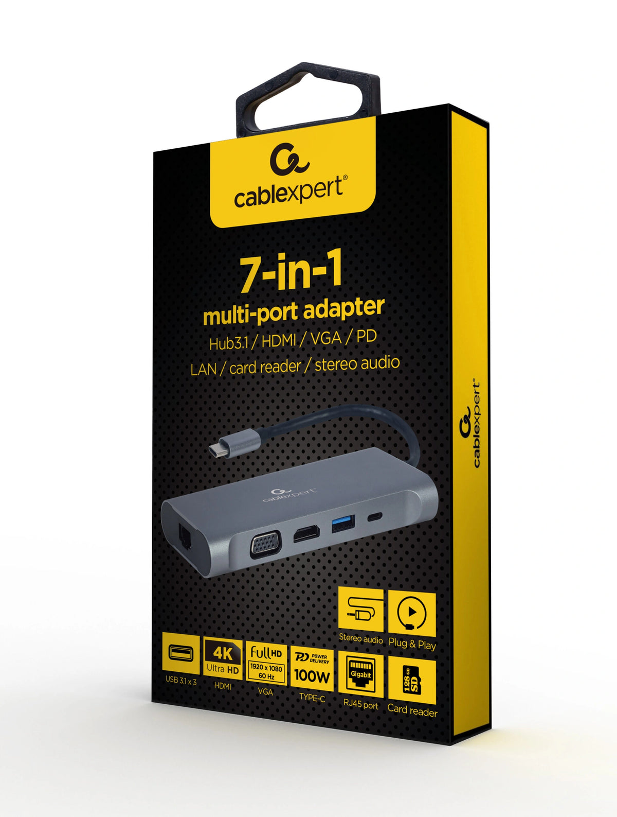 CABLEXPERT USB TYPE-C 7-IN-1 MULTIPORT ADAPTER (HUB3.0+HDMI+VGA+PD+CARD READER+STEREO AUDIO)