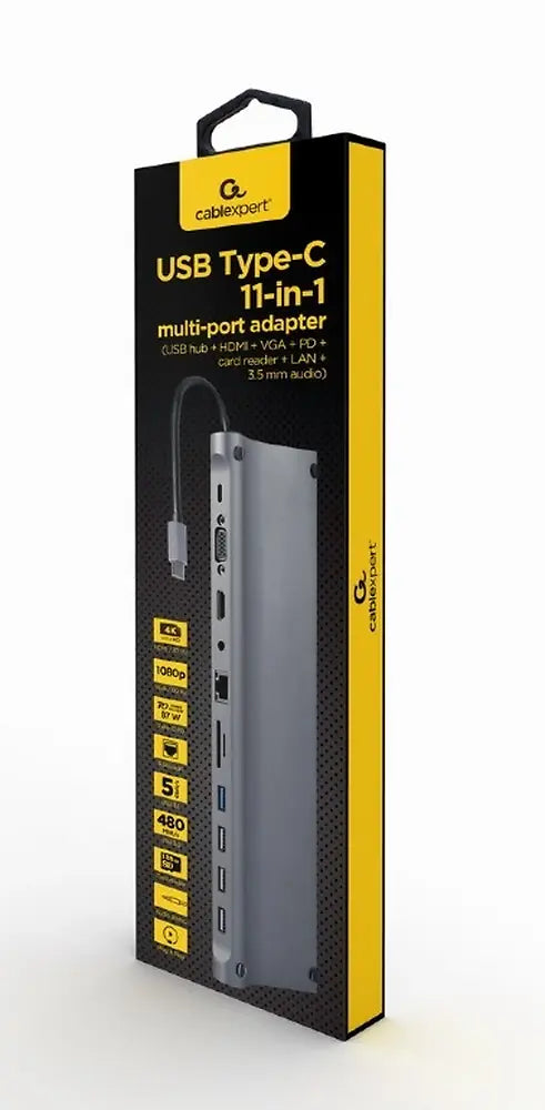 CABLEXPERT USB TYPE-C 11IN1 MULTIPORT ADAPTER (USB HUB+HDMI+VGA+PD+CARD READER+LAN+3.5MM) SPACE GREY