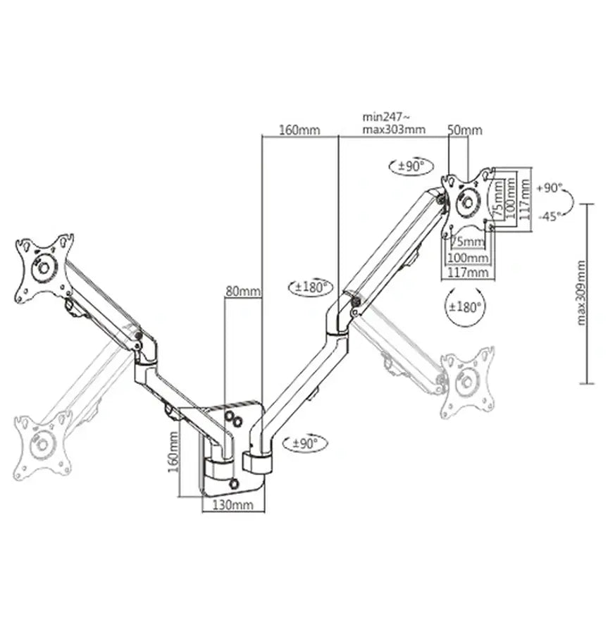 GEMBIRD ADJUSTABLE WALL 2-DISPLAY MOUNTING ARM 17'-27', UP TO 7KG
