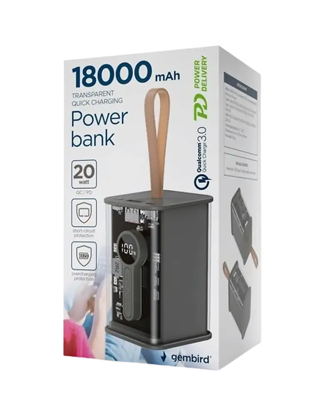 GEMBIRD TRANSPARENT QC3.0 QUICK CHARGING POWER BANK 18000MAH BLACK