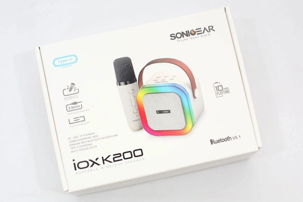 SONICGEAR IOX K200 BLUETOOTH 5.1 HOME KARAOKE PORTABLE SPEAKER WITH WIRELESS MIC WHITE