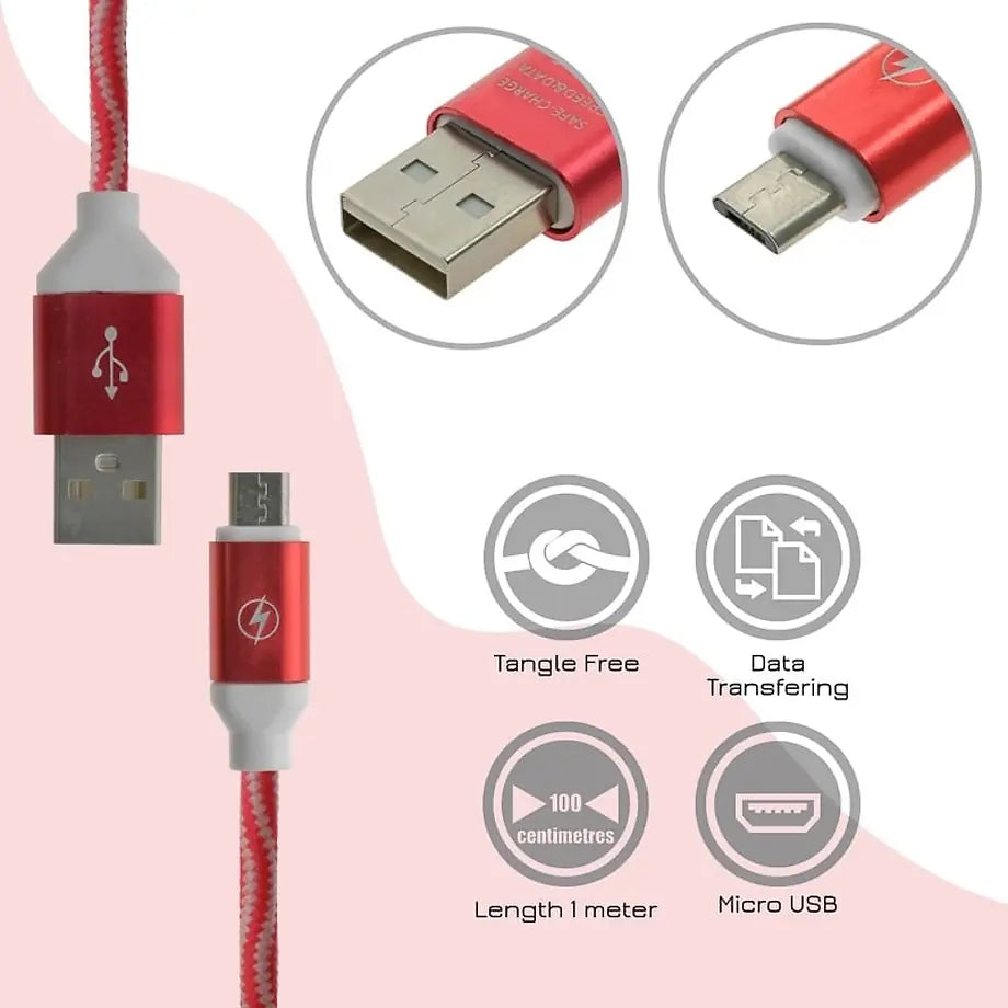 Πλεκτό Καλώδιο Φόρτισης - Δεδομένων Micro USB RED 1M