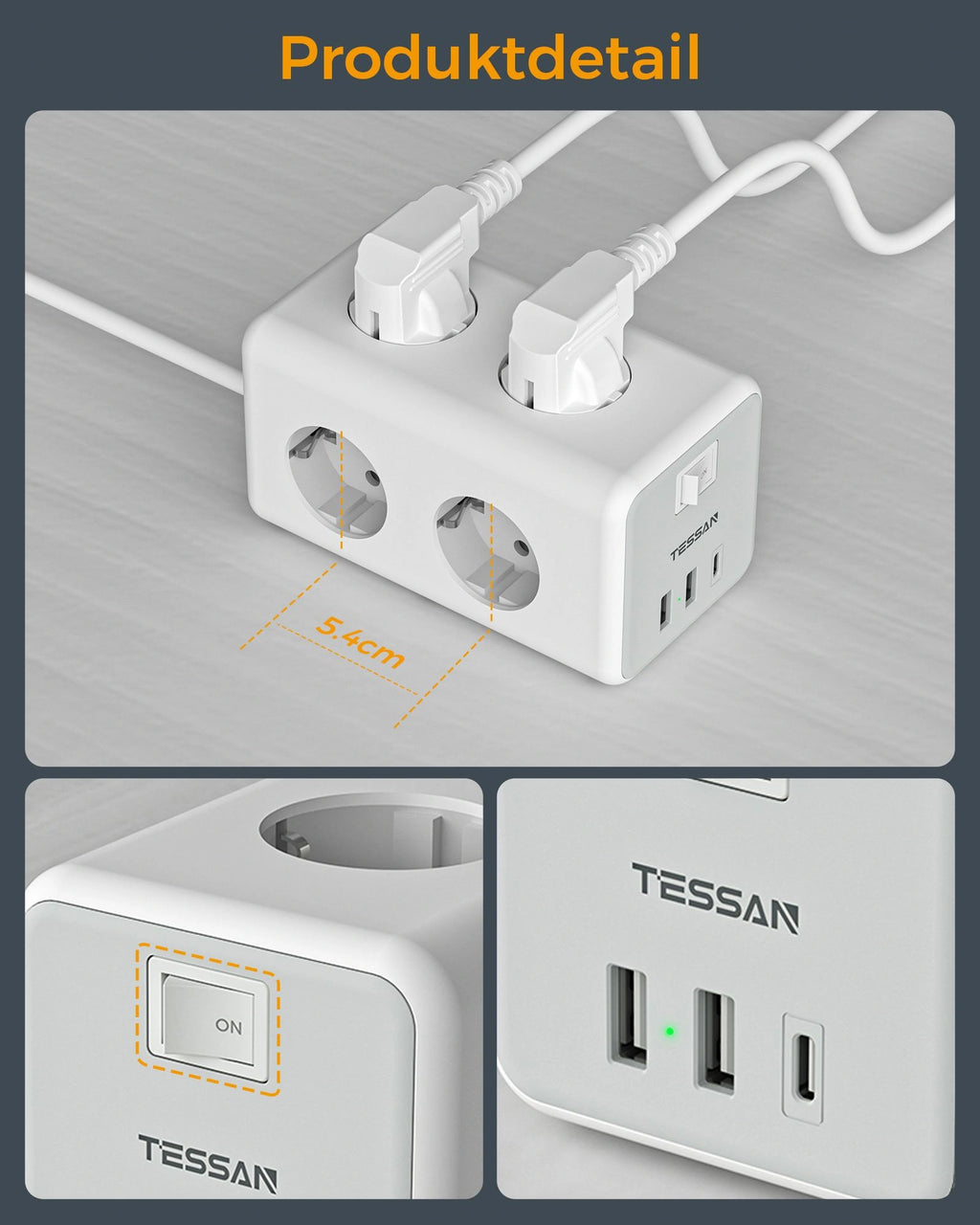 TESSAN 9 IN 1 CUBOID POWER STRIP 6xSCHUKO, 2xUSB, 1xTYPE-C, 2M CABLE