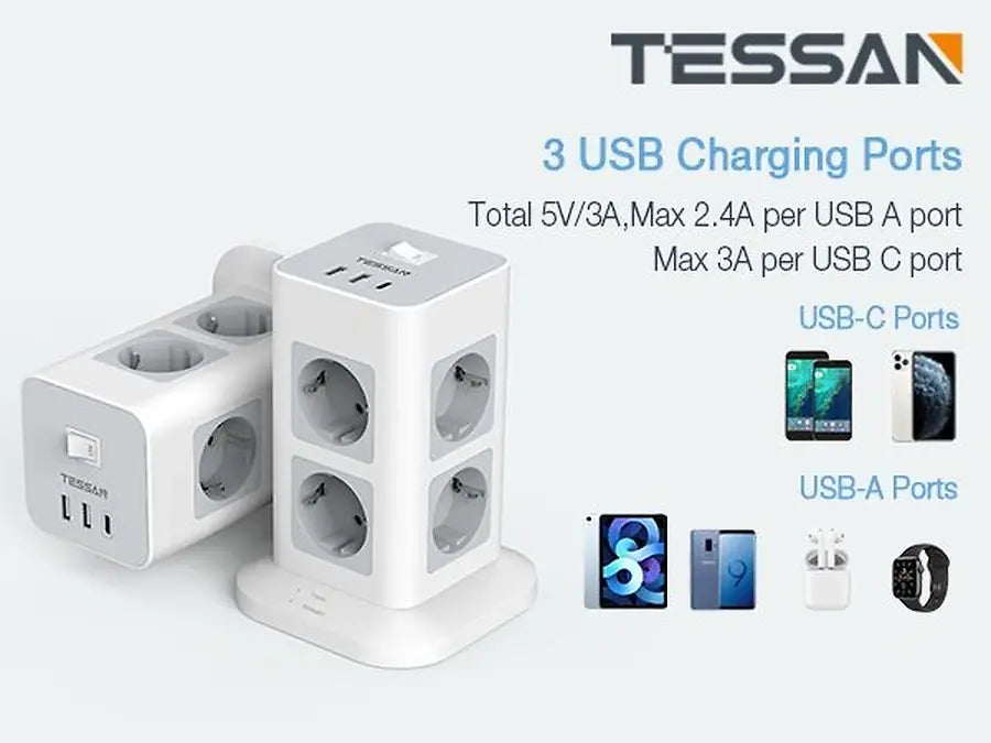 TESSAN 11 IN 1 TOWER SURGE PROTECTOR 8xSCHUKO, 2xUSB, 1xTYPE-C, 2M CABLE