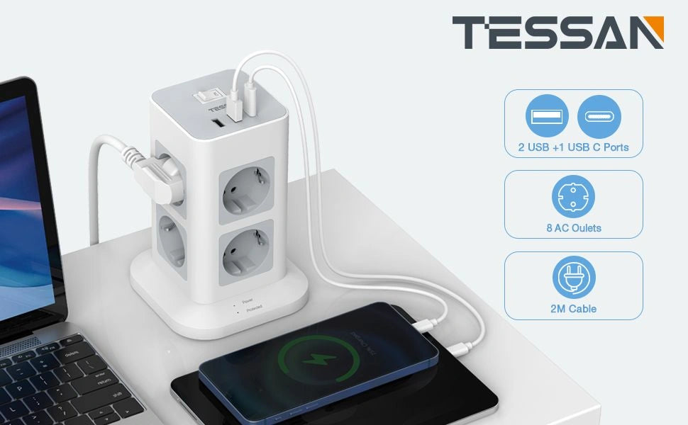 TESSAN 11 IN 1 TOWER SURGE PROTECTOR 8xSCHUKO, 2xUSB, 1xTYPE-C, 2M CABLE