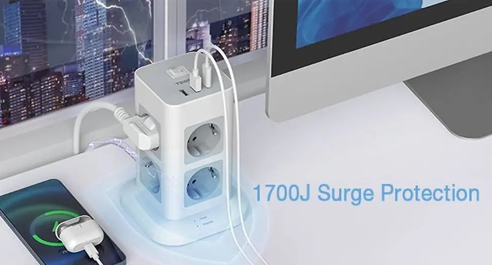 TESSAN 11 IN 1 TOWER SURGE PROTECTOR 8xSCHUKO, 2xUSB, 1xTYPE-C, 2M CABLE