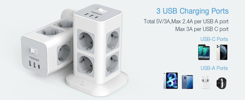 TESSAN 11 IN 1 TOWER SURGE PROTECTOR 8xSCHUKO, 2xUSB, 1xTYPE-C, 2M CABLE