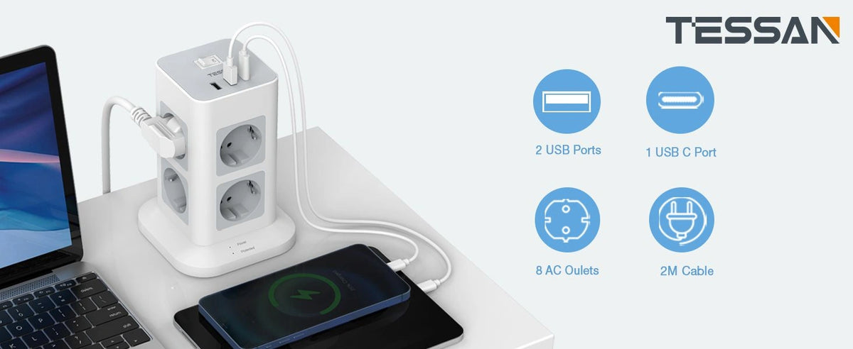 TESSAN 11 IN 1 TOWER SURGE PROTECTOR 8xSCHUKO, 2xUSB, 1xTYPE-C, 2M CABLE