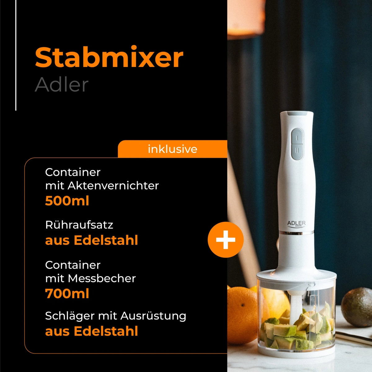 ADLER HAND BLENDER SET 500W WHITE