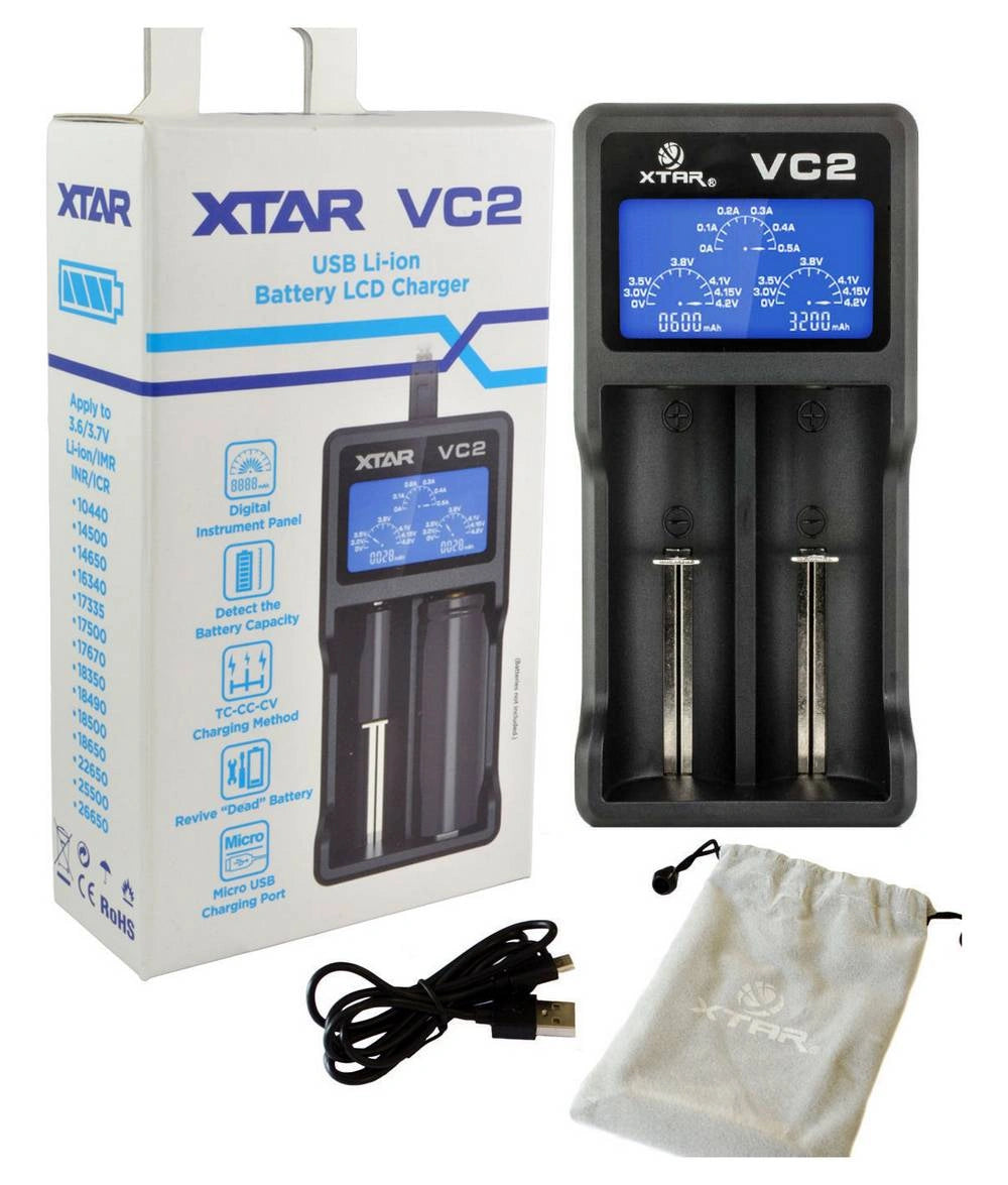 Φορτιστής Μπαταριών Βιομηχανικού Τύπου Xtar VC2 USB, 2 Θέσεων με Ένδειξη Επιπέδου Φόρτισης για 18650/17670/17500