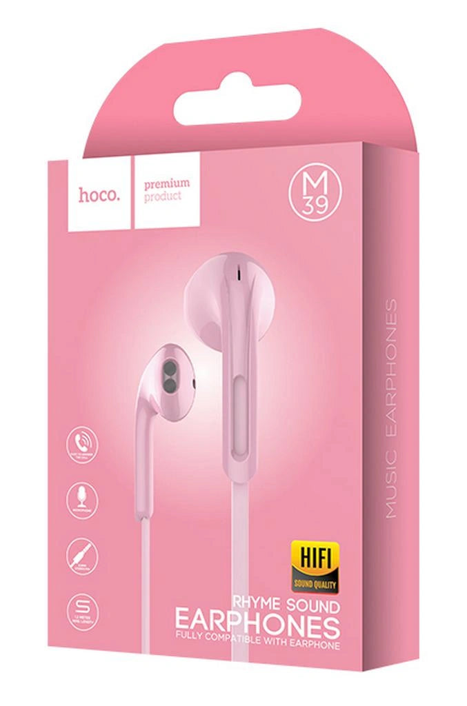 Hands Free Hoco M39 Rhyme Sound Earphones Stereo 3.5mm Ροζ με Μικρόφωνο και Πλήκτρο Λειτουργίας