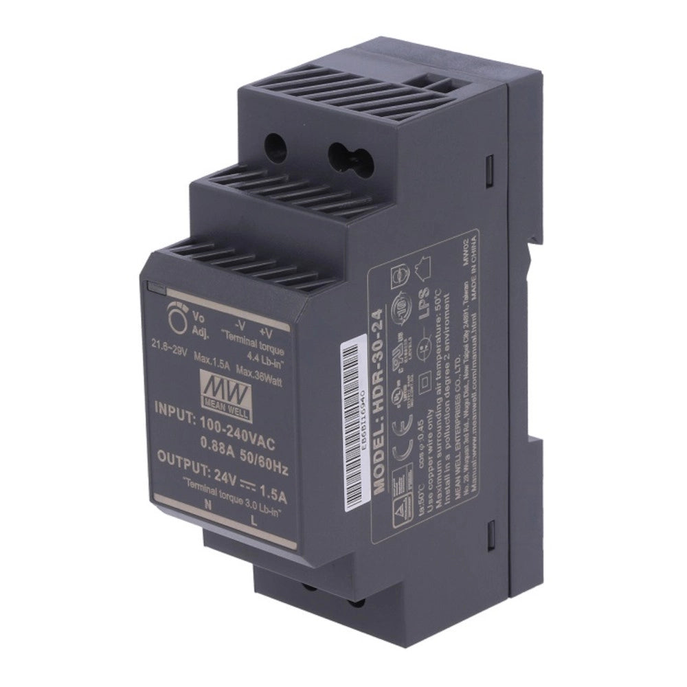 Mean Well HDR-30-24 AC/DC DIN Rail Power Supply (PSU), Ultra Slim, ITE, 1 Output, 36 W, 24 VDC, 1.5 A