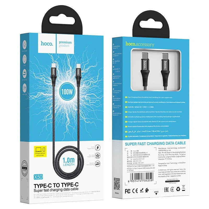 Καλώδιο Hoco X50 Exquisito USB-C σε USB-C 100W 5.0A/20V Braided Μαύρο 1m