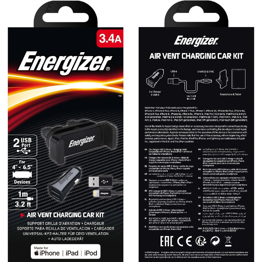 Βάση Στήριξης και Φορτιστής Αυτοκινήτου Energizer 3.4A με Καλώδιο Lightning Apple Certified MFi Μαύρο 1m