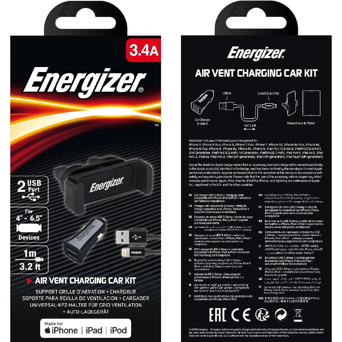 Βάση Στήριξης και Φορτιστής Αυτοκινήτου Energizer 3.4A με Καλώδιο Lightning Apple Certified MFi Μαύρο 1m