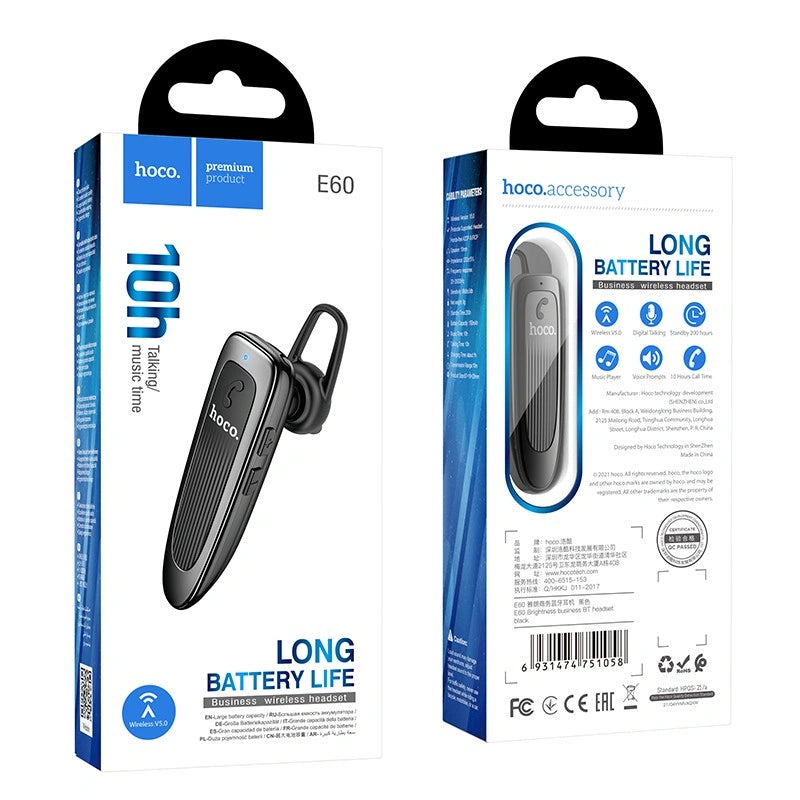 Wireless Hands Free Hoco E60 Brightness Business V.5.0 Μαύρο με Πλήκτρο Ελέγχου και 10 Ώρες Ομιλίας