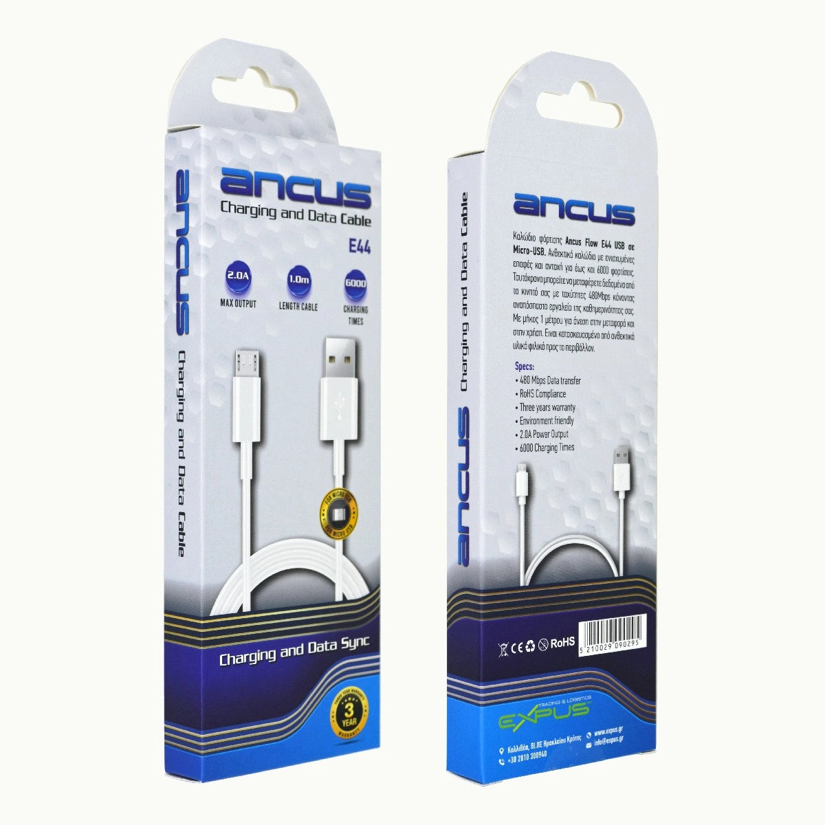 Καλώδιο Σύνδεσης και Φόρτισης Ancus Flow E44 USB σε Micro-USB 2.0A 480Mbps Data Transfer Λευκό 1m
