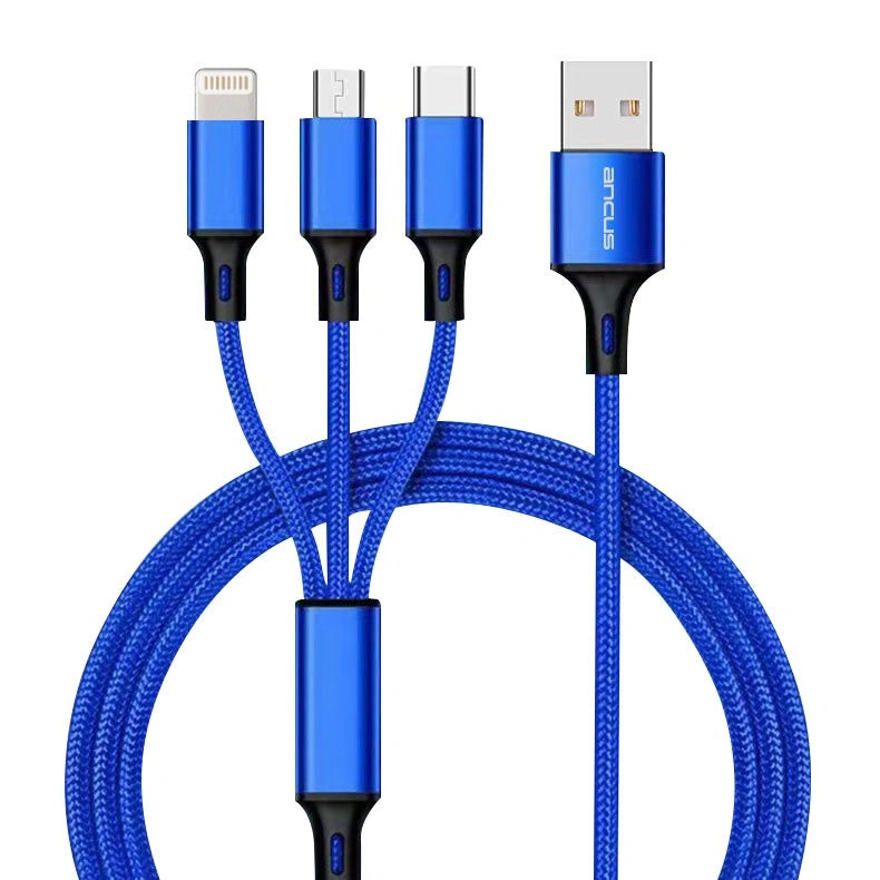 Καλώδιο Φόρτισης Ancus Flow Plus E54 USB 3 σε 1 Micro-USB, USB-C, Lightning 2.0A με Braided Καλώδιο Μπλε 1m Με 5 Χρονια Εγγύηση