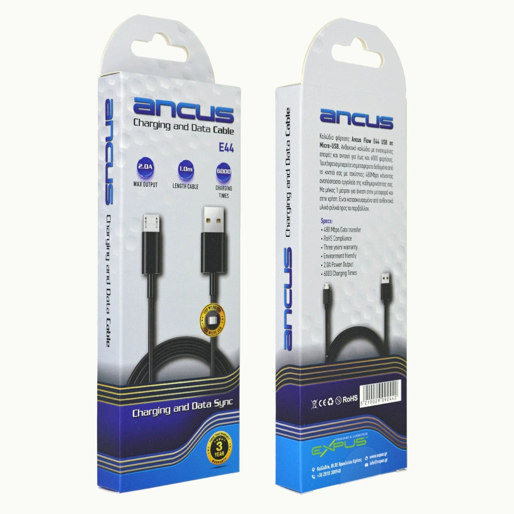 Καλώδιο Σύνδεσης και Φόρτισης Ancus Flow E44 USB σε Micro-USB 2.0A 480Mbps Data Transfer Μαύρο 1m