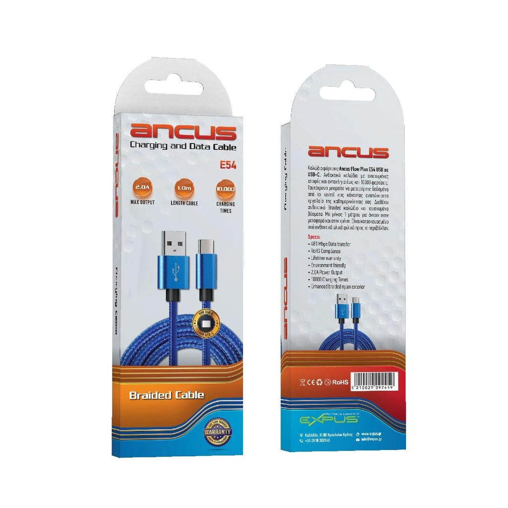 Καλώδιο Σύνδεσης και Φόρτισης Ancus Flow Plus E54 USB σε USB-C 2.0A  και Braided Καλώδιο Μπλε 1m Με 5 Χρονια Εγγύηση