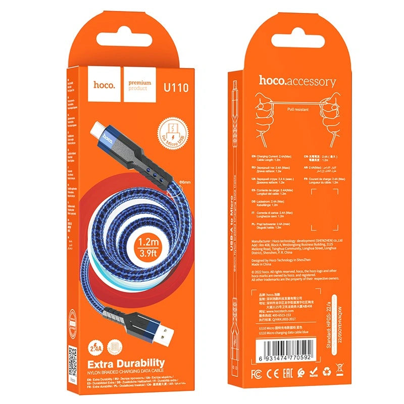 Καλώδιο Σύνδεσης Hoco U110 USB σε Micro-USB 2.4A Υψηλής Αντοχής Braided Μπλε 1.2m