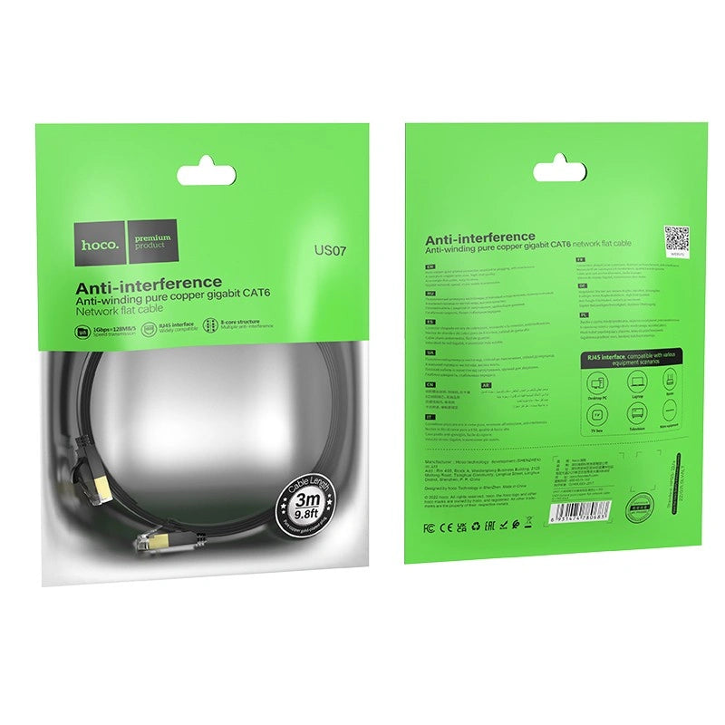 Καλώδιο Δικτύου Hoco US07 General Pure Copper Cat 6 UTP Πλακέ Καλώδιο 1Gbps 3m Μαύρο