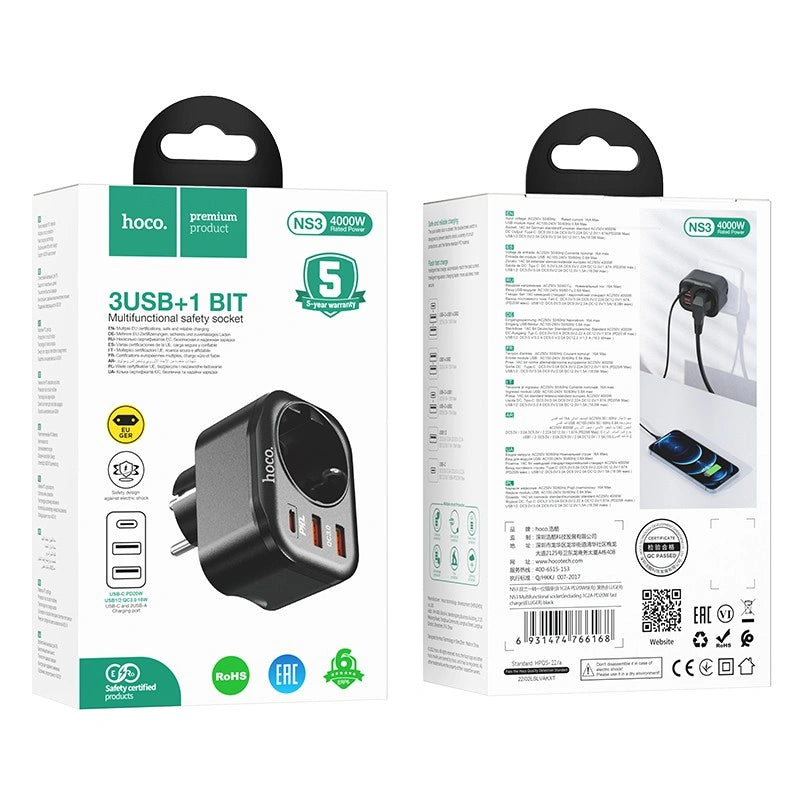 Φορτιστής Hoco NS3 4000W με 1xUSB-C PD20W 18W 2xUSB-A 5V/3A QC3.0 και Θύρα Σούκο Μαύρος
