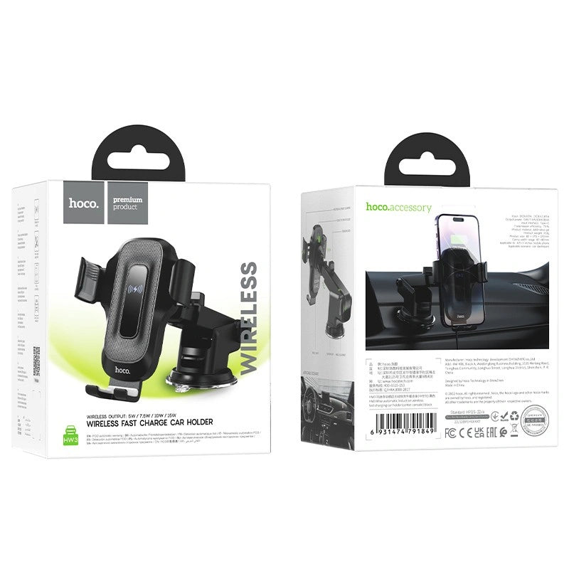 Βάση Στήριξης Αυτοκινήτου Hoco HW3 Wise με Wireless Charger έως 15W USB-C και Επεκτεινόμενο Βραχίονα Μαύρη 4.5"-7"