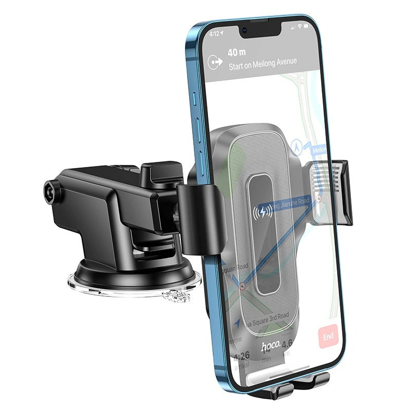 Βάση Στήριξης Αυτοκινήτου Hoco HW3 Wise με Wireless Charger έως 15W USB-C και Επεκτεινόμενο Βραχίονα Μαύρη 4.5"-7"