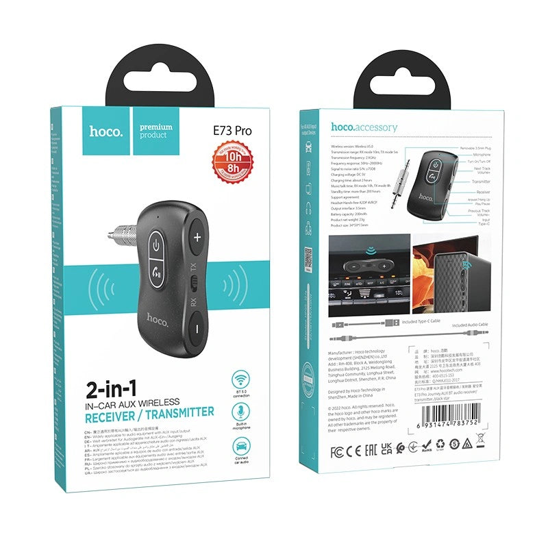 Bluetooth Transmitter Hoco E73 Pro Journey 2-in-1 BT v5.0,έξοδος AUX 3.5mm και USB-C με Ενσωματωμένο Μικρόφωνο Μαύρο