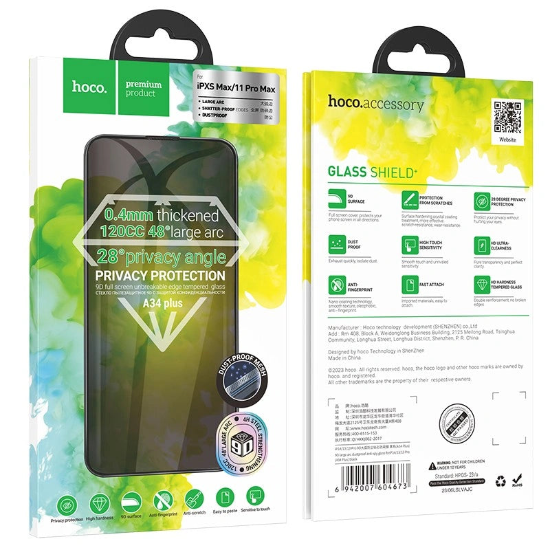 Tempered Glass Hoco A34 Plus 9D Large Arc Dustproof Anti-spy 0.4mm για Apple iPhone XS Max iPhone 11 Pro Max