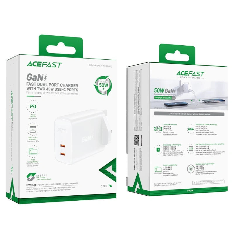 Φορτιστής Ταξιδίου Acefast A32 Fast Charging 2xUSB-C PD50W GaN Λευκός με UK Plug